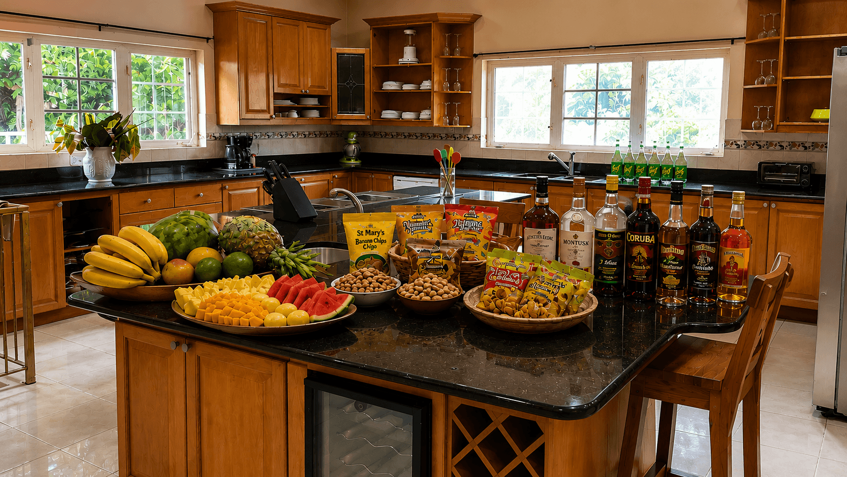 Sweet Dreams Villa grocery pre-stocking spread in the kitchen